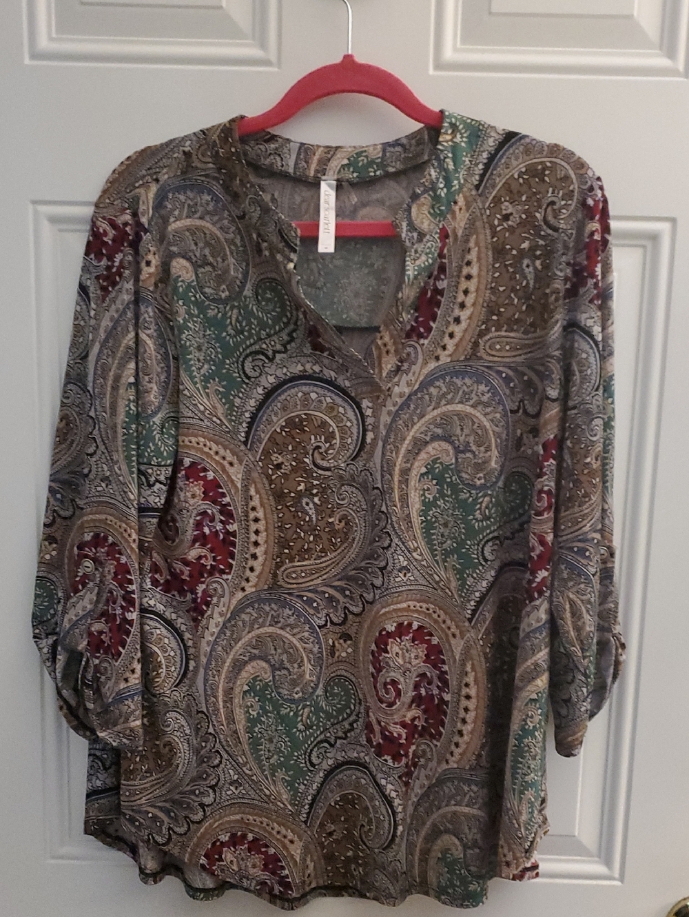Paisley V-Neck Womens Tunic Top in Multicolor (Green & Burgundy)